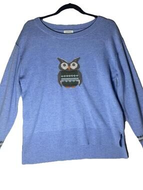 Sundance Blue Wise Owl Relaxed Sweater  Wool Blend Teacher Secretary Casual Sm